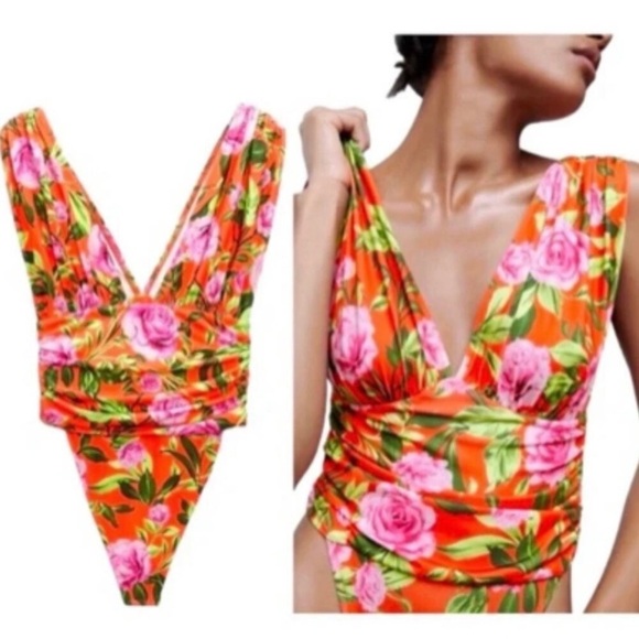 Zara Floral Draped V Neck Plunge Bodysuit Blogger Favorite - Picture 11 of 11